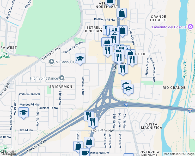 map of restaurants, bars, coffee shops, grocery stores, and more near 2327 Maiden Grass Road Northwest in Albuquerque