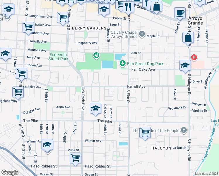 map of restaurants, bars, coffee shops, grocery stores, and more near 1211B Farroll Avenue in Arroyo Grande