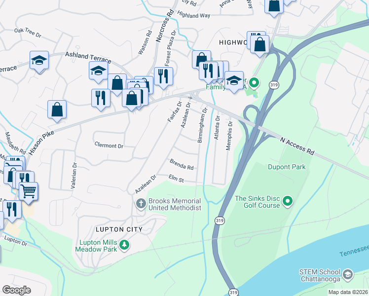 map of restaurants, bars, coffee shops, grocery stores, and more near 1437 Bainbridge Road in Chattanooga