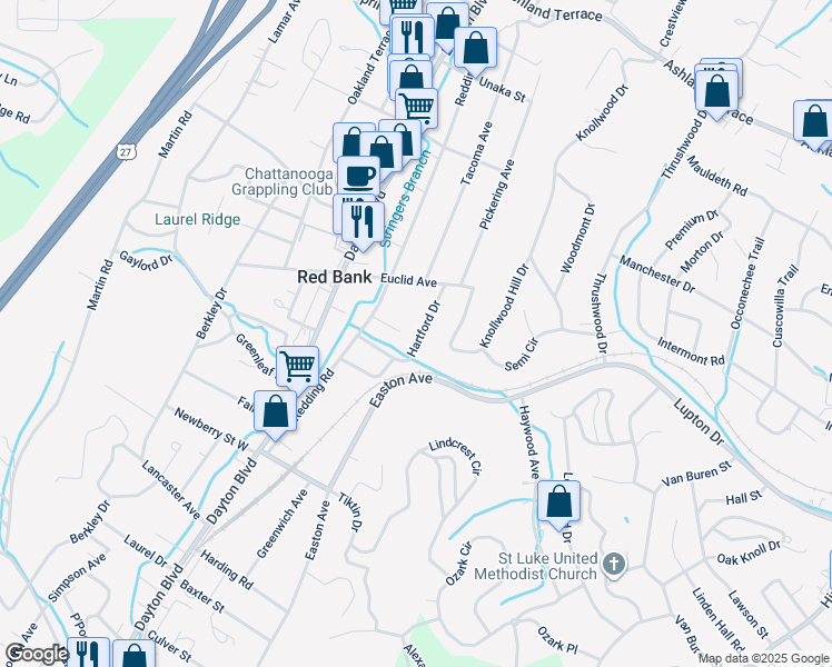 map of restaurants, bars, coffee shops, grocery stores, and more near 3412 Redding Road in Chattanooga