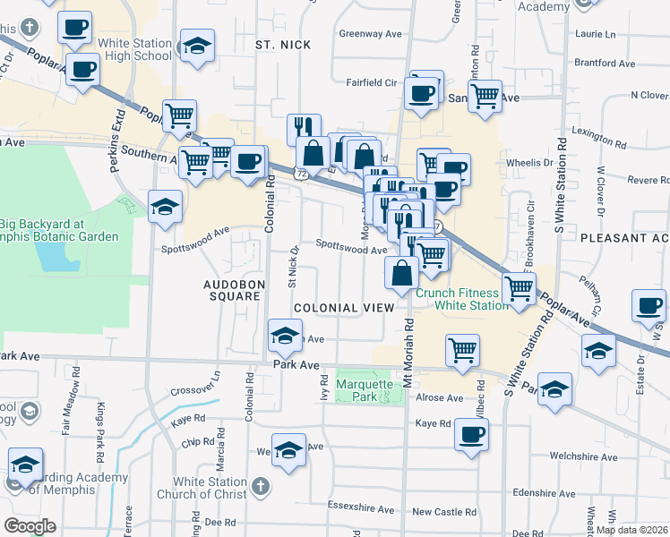 map of restaurants, bars, coffee shops, grocery stores, and more near 752 Berry Road in Memphis