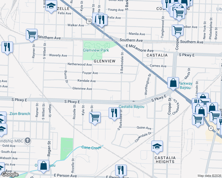 map of restaurants, bars, coffee shops, grocery stores, and more near 1830 Glenview Avenue in Memphis