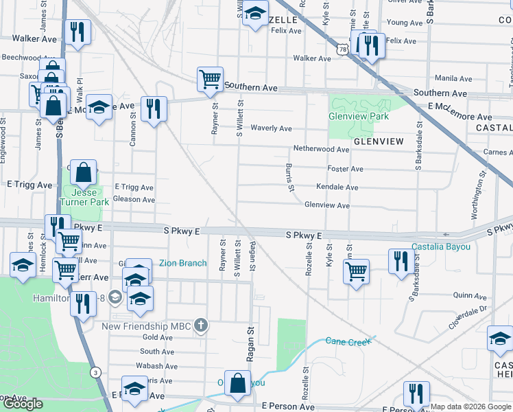 map of restaurants, bars, coffee shops, grocery stores, and more near 1605 Glenview Avenue in Memphis