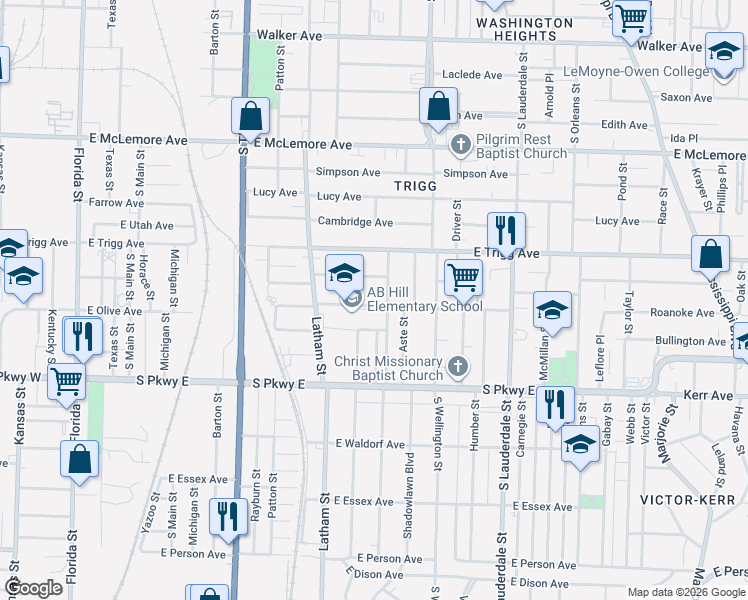 map of restaurants, bars, coffee shops, grocery stores, and more near 382 East Olive Avenue in Memphis