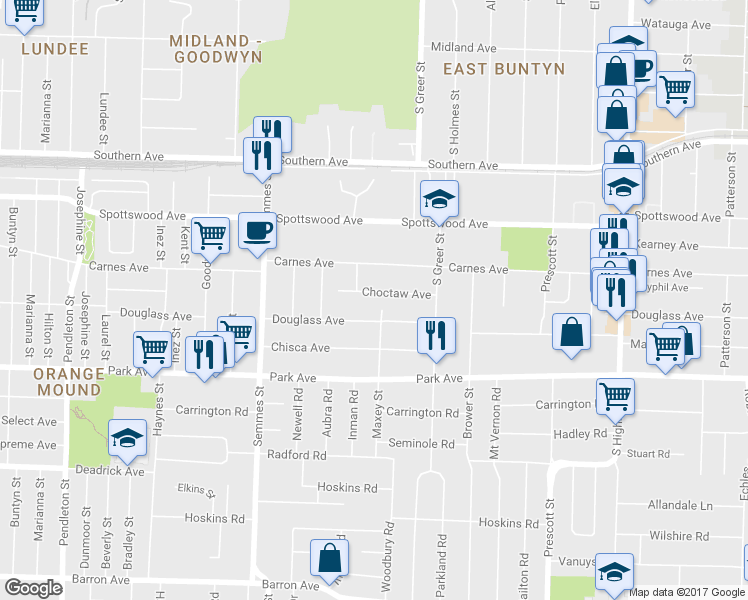 map of restaurants, bars, coffee shops, grocery stores, and more near 3175 Choctaw Avenue in Memphis
