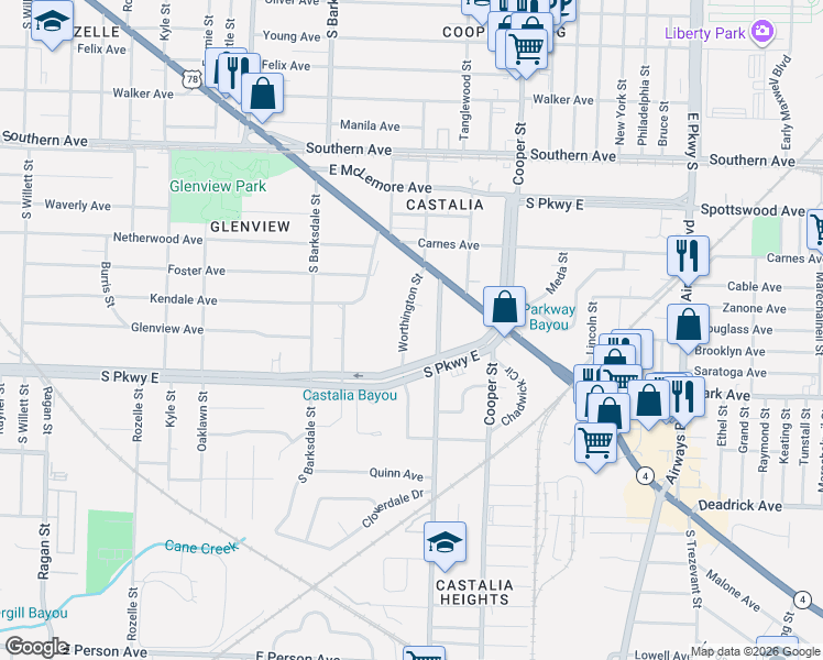 map of restaurants, bars, coffee shops, grocery stores, and more near 1296 Worthington Street in Memphis
