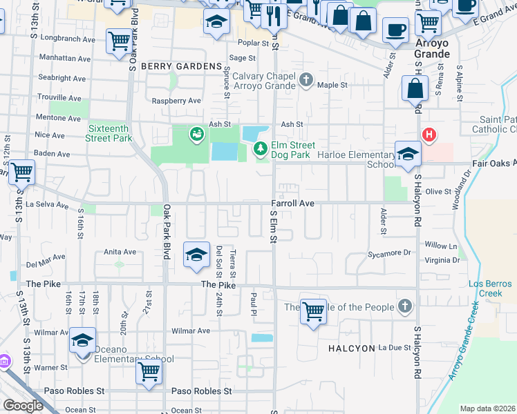 map of restaurants, bars, coffee shops, grocery stores, and more near 1205 Farroll Avenue in Arroyo Grande