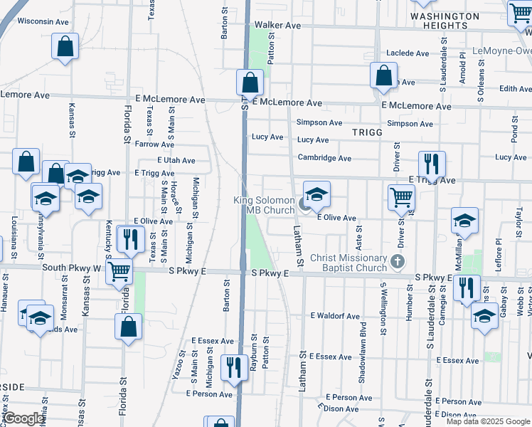 map of restaurants, bars, coffee shops, grocery stores, and more near 1356 Rayburn Street in Memphis