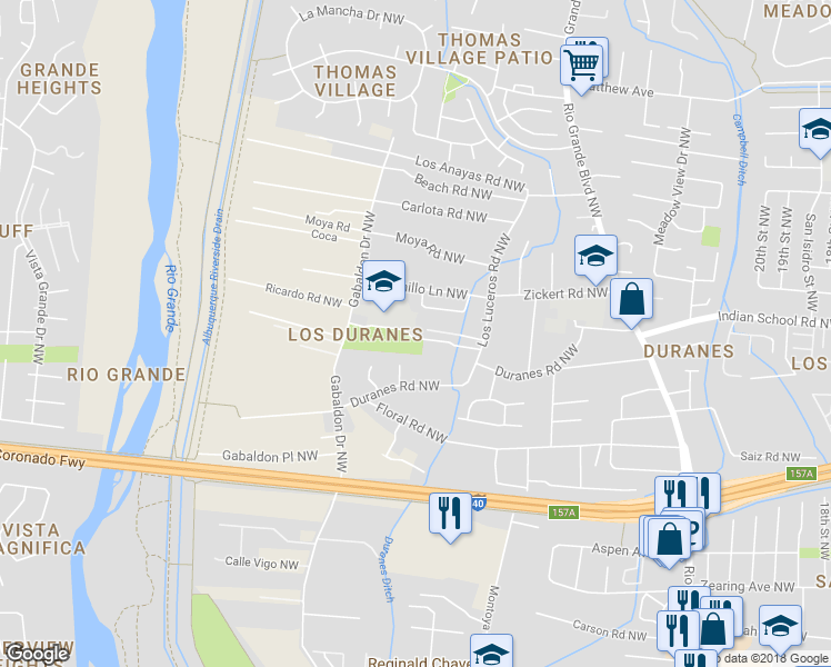 map of restaurants, bars, coffee shops, grocery stores, and more near 2915 Leopoldo Road Northwest in Albuquerque