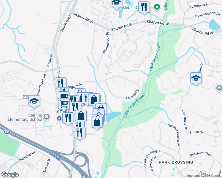map of restaurants, bars, coffee shops, grocery stores, and more near 2426 Longleaf Drive in Charlotte