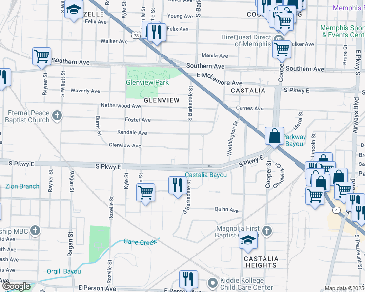 map of restaurants, bars, coffee shops, grocery stores, and more near 1878 Glenview Avenue in Memphis