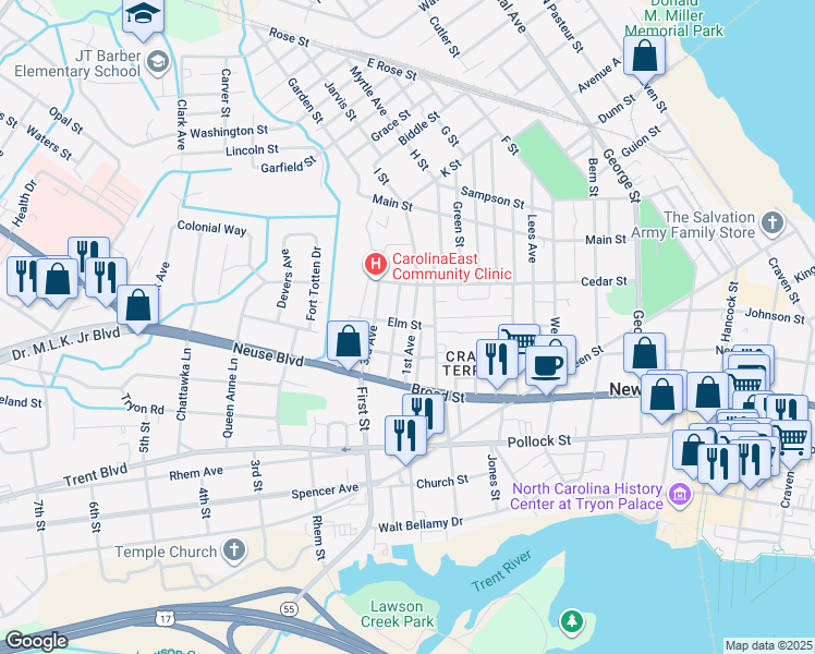 map of restaurants, bars, coffee shops, grocery stores, and more near 621 1st Avenue in New Bern