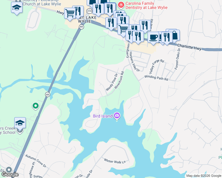 map of restaurants, bars, coffee shops, grocery stores, and more near 359 Windy Pine Drive in Clover