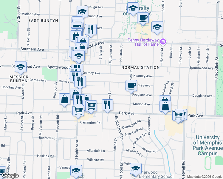 map of restaurants, bars, coffee shops, grocery stores, and more near 762 Patterson Street in Memphis