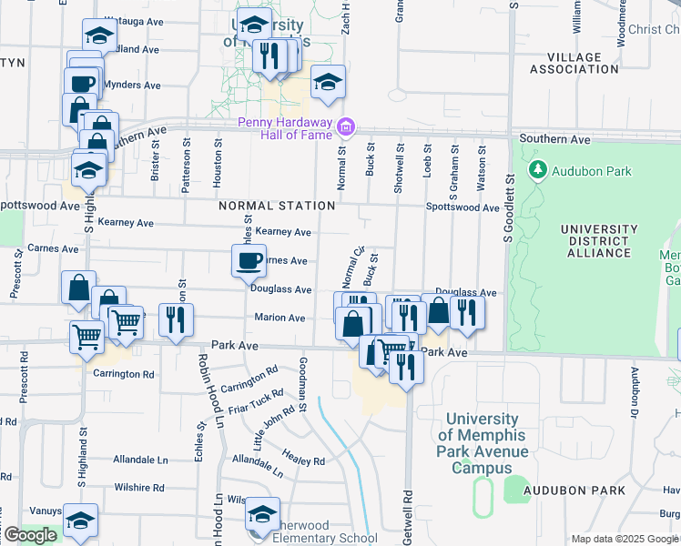 map of restaurants, bars, coffee shops, grocery stores, and more near 763 Normal Circle in Memphis