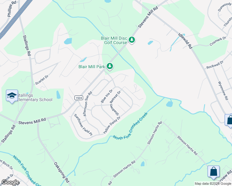 map of restaurants, bars, coffee shops, grocery stores, and more near 3012 Shadowy Retreat Drive in Matthews