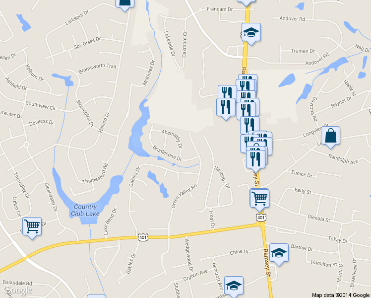 map of restaurants, bars, coffee shops, grocery stores, and more near 3608 Abernathy Drive in Fayetteville