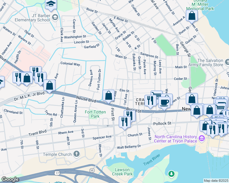map of restaurants, bars, coffee shops, grocery stores, and more near 623 3rd Avenue in New Bern