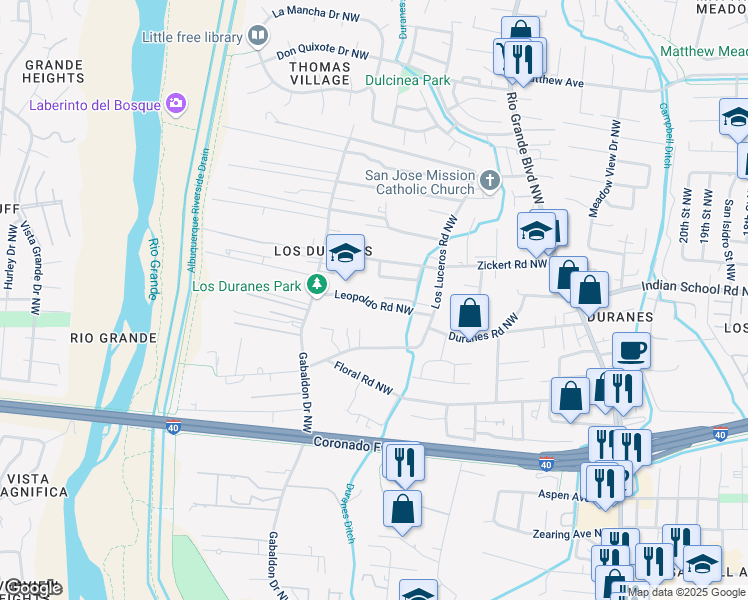 map of restaurants, bars, coffee shops, grocery stores, and more near 2915 Leopoldo Road Northwest in Albuquerque