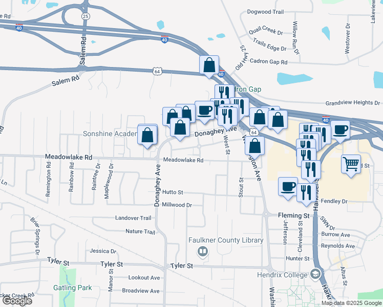 map of restaurants, bars, coffee shops, grocery stores, and more near 1950 Meadowlake Or Ott Memorial in Conway