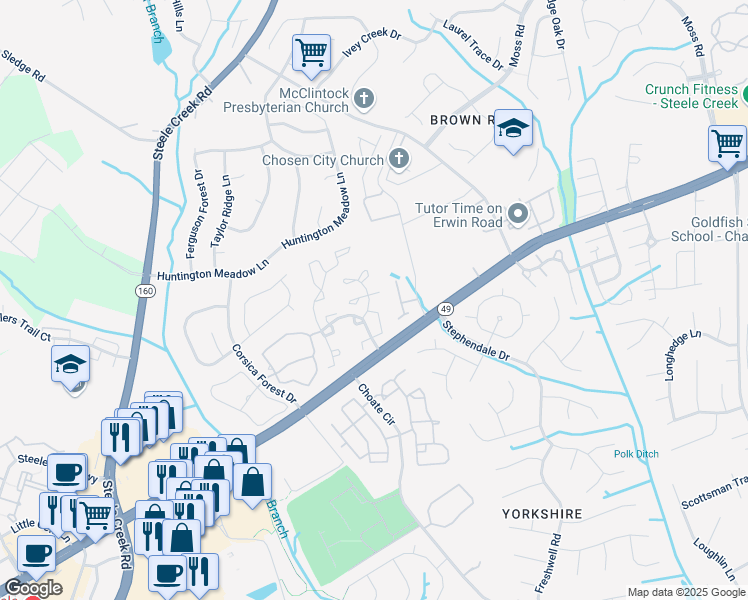 map of restaurants, bars, coffee shops, grocery stores, and more near 12817 Sickles Drive in Charlotte