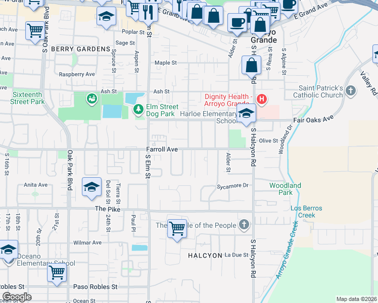 map of restaurants, bars, coffee shops, grocery stores, and more near 500 Victorian Court in Arroyo Grande