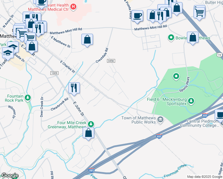 map of restaurants, bars, coffee shops, grocery stores, and more near 416 Amir Circle in Matthews