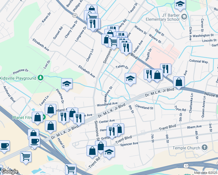 map of restaurants, bars, coffee shops, grocery stores, and more near 911 Meadows Street in New Bern