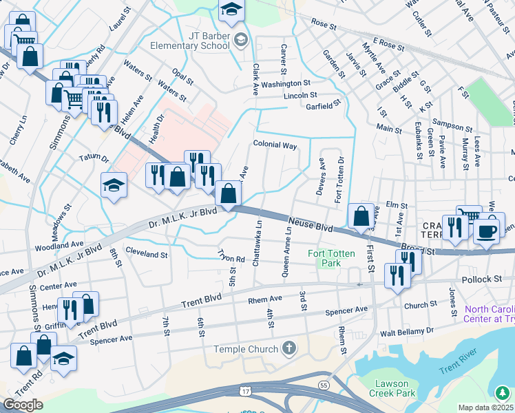 map of restaurants, bars, coffee shops, grocery stores, and more near 1700 Neuse Boulevard in New Bern