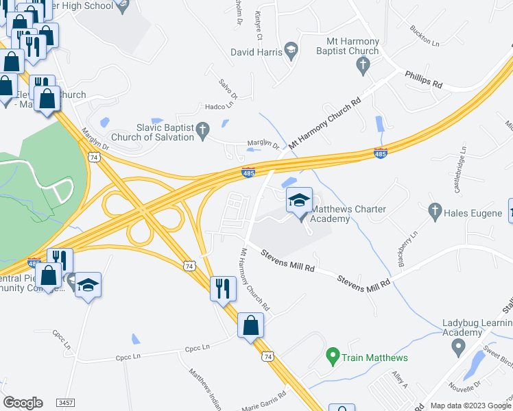 map of restaurants, bars, coffee shops, grocery stores, and more near 2315 Mount Harmony Church Road in Matthews