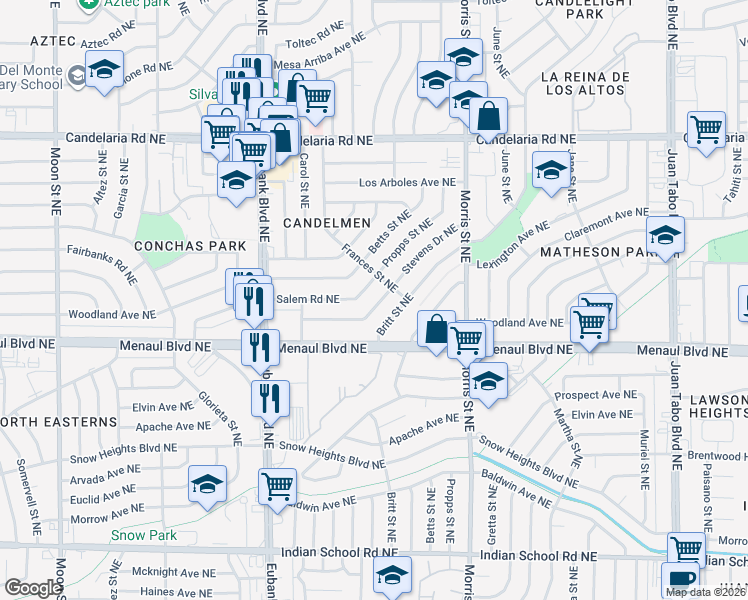 map of restaurants, bars, coffee shops, grocery stores, and more near 2319 Stevens Drive Northeast in Albuquerque