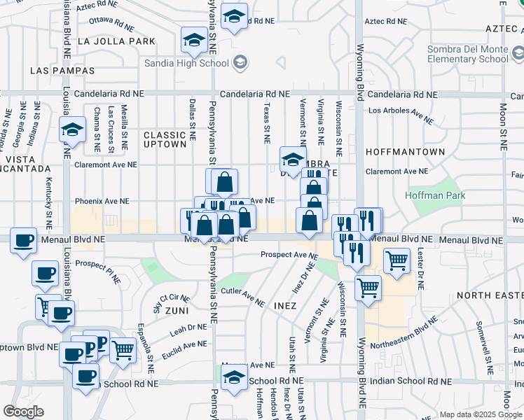 map of restaurants, bars, coffee shops, grocery stores, and more near 2629 Texas Street Northeast in Albuquerque