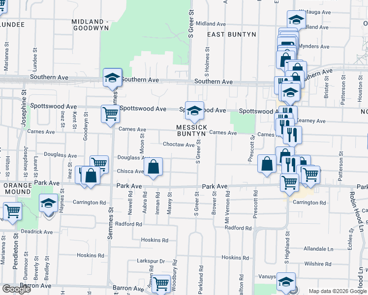 map of restaurants, bars, coffee shops, grocery stores, and more near 3225 Choctaw Avenue in Memphis