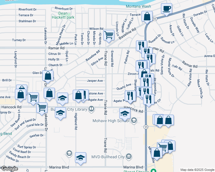 map of restaurants, bars, coffee shops, grocery stores, and more near 1235 Quartz Avenue in Bullhead City