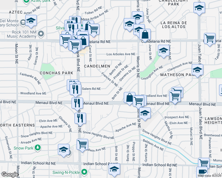 map of restaurants, bars, coffee shops, grocery stores, and more near 2319 Stevens Drive Northeast in Albuquerque
