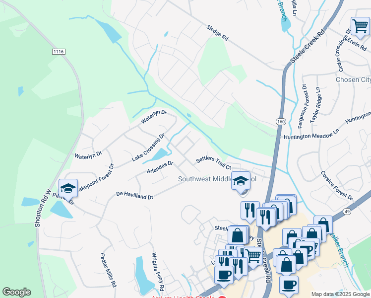 map of restaurants, bars, coffee shops, grocery stores, and more near 15020 Alyssa Faith Court in Charlotte