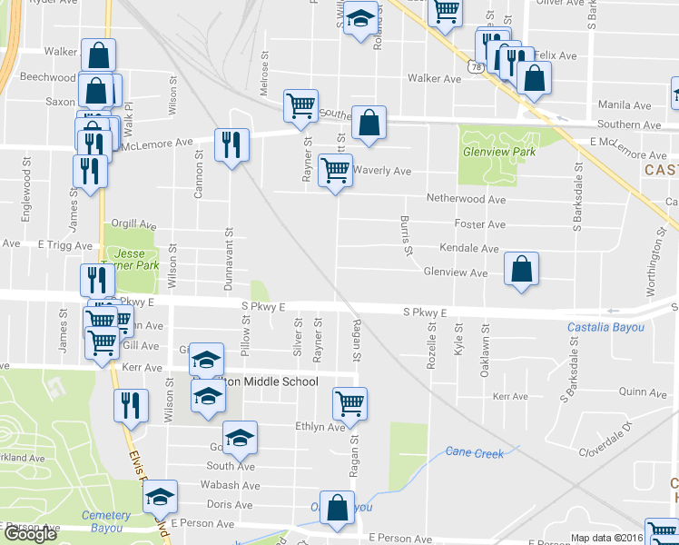 map of restaurants, bars, coffee shops, grocery stores, and more near 1561 Glenview Avenue in Memphis