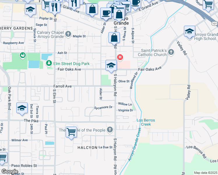map of restaurants, bars, coffee shops, grocery stores, and more near 919 Farroll Avenue in Arroyo Grande