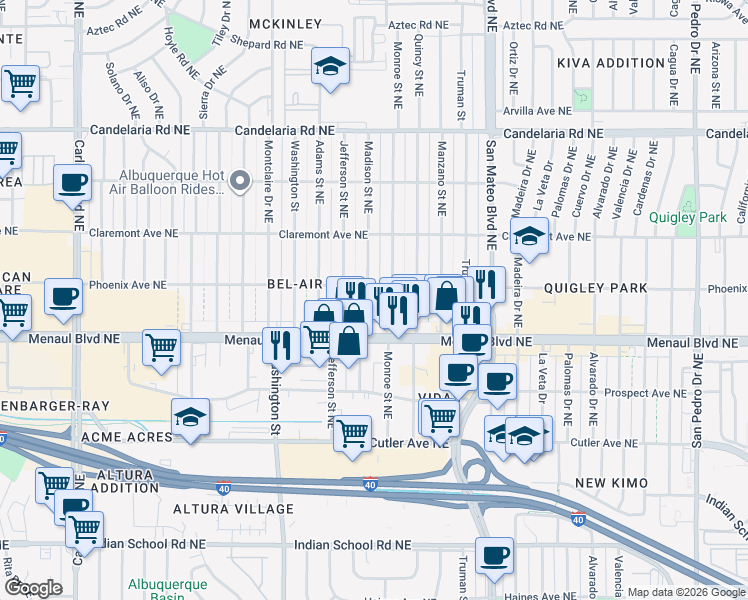 map of restaurants, bars, coffee shops, grocery stores, and more near 2634 Madison Street Northeast in Albuquerque