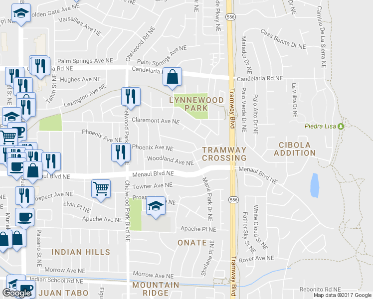 map of restaurants, bars, coffee shops, grocery stores, and more near 12237 Phoenix Avenue Northeast in Albuquerque