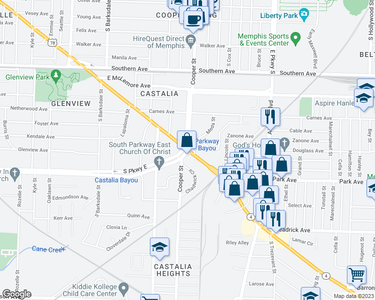 map of restaurants, bars, coffee shops, grocery stores, and more near 1546 East Parkway South in Memphis