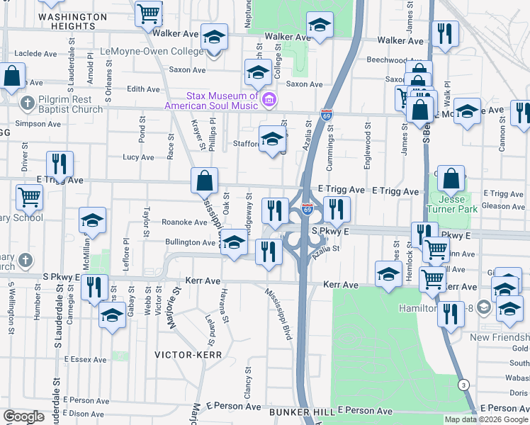 map of restaurants, bars, coffee shops, grocery stores, and more near 1325 Gaither Street in Memphis