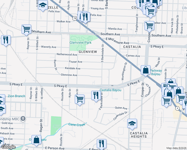 map of restaurants, bars, coffee shops, grocery stores, and more near 1830 Glenview Avenue in Memphis