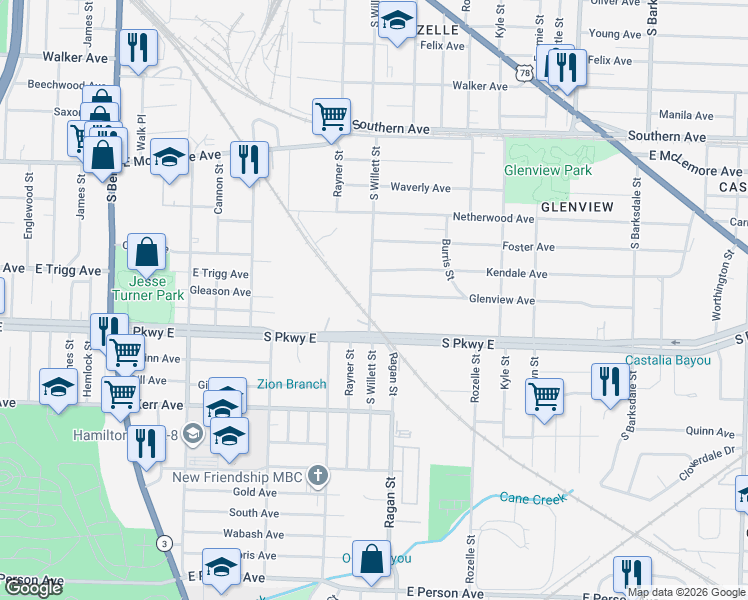 map of restaurants, bars, coffee shops, grocery stores, and more near 1561 Glenview Avenue in Memphis