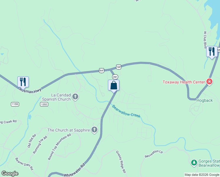 map of restaurants, bars, coffee shops, grocery stores, and more near 66 Youngblood Lane in Sapphire