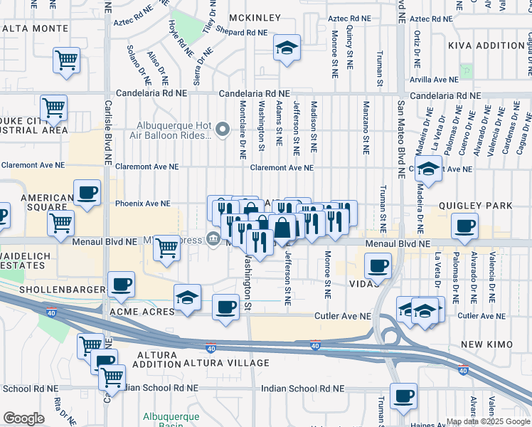 map of restaurants, bars, coffee shops, grocery stores, and more near 2634 Washington Street Northeast in Albuquerque