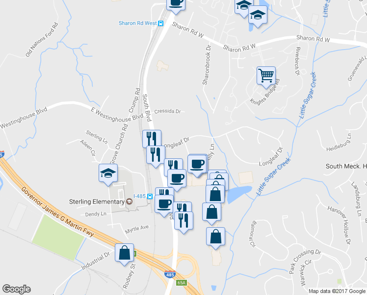 map of restaurants, bars, coffee shops, grocery stores, and more near 9408 Loblolly Lane in Charlotte