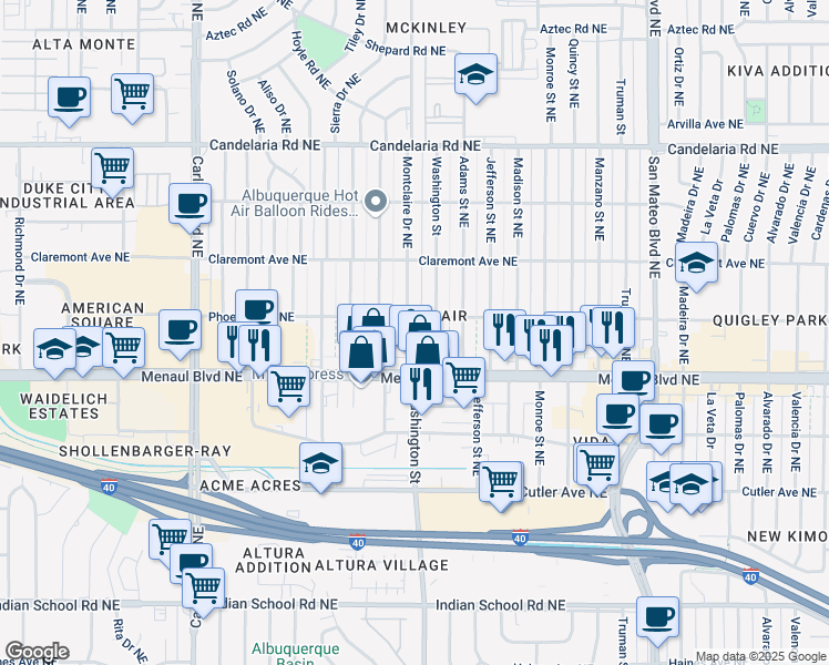 map of restaurants, bars, coffee shops, grocery stores, and more near 2635 Montclaire Drive Northeast in Albuquerque