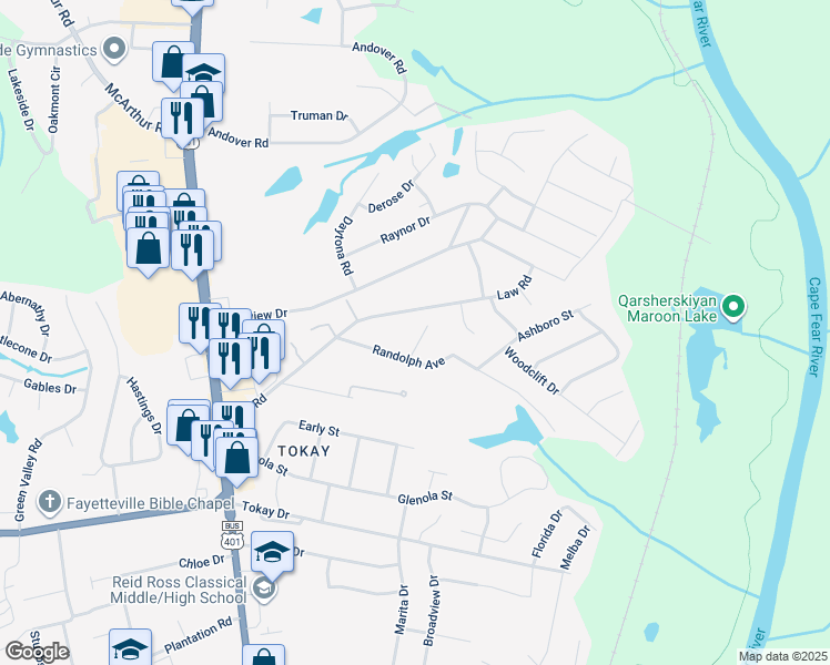 map of restaurants, bars, coffee shops, grocery stores, and more near 3719 Betts Drive in Fayetteville
