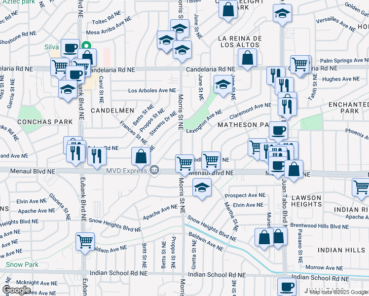 map of restaurants, bars, coffee shops, grocery stores, and more near 2416 Morris Street Northeast in Albuquerque